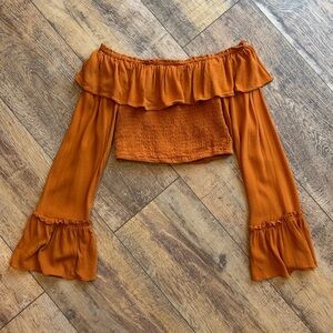 Mooloola Burnt Orange Off-Shoulder Ruffle Crop Top S